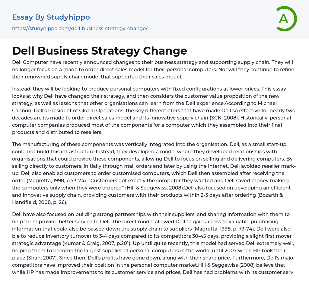 Dell Business Strategy Change Essay Example