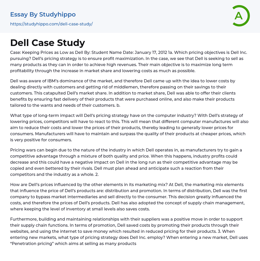 Case: Keeping Prices as Low as Dell Essay Example