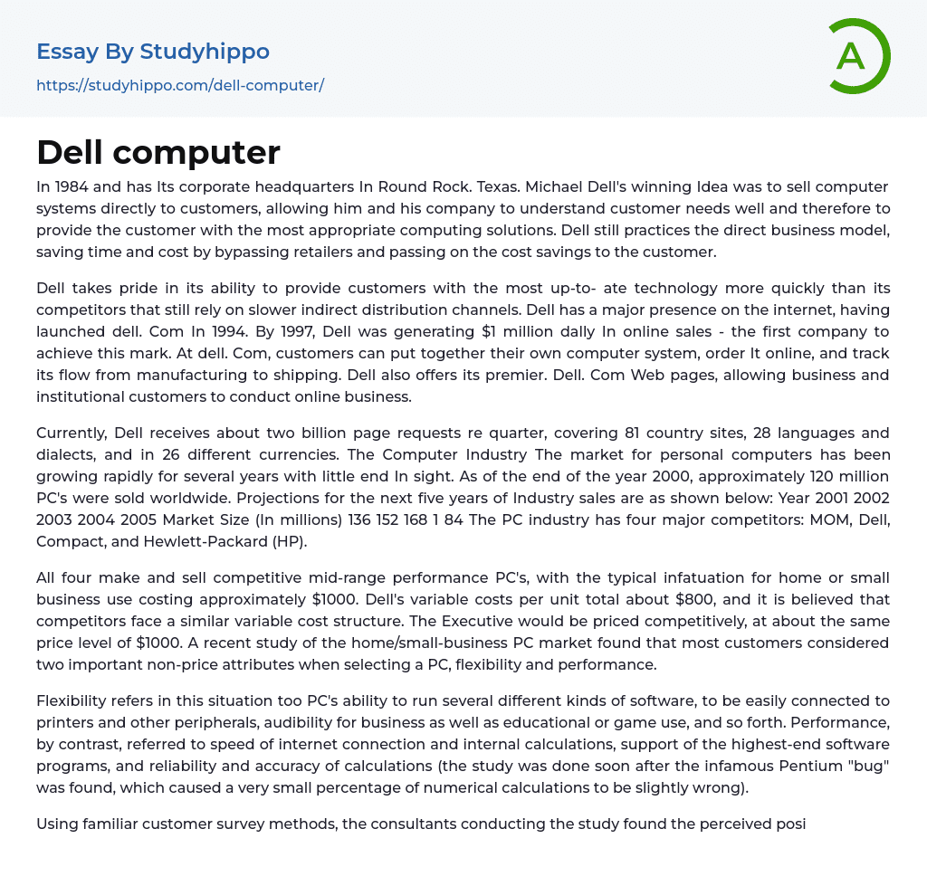 Dell computer Essay Example
