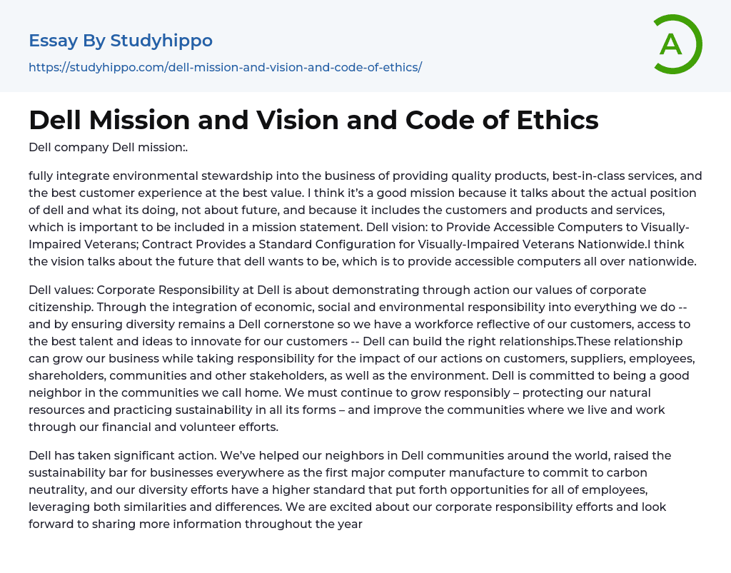 Dell Mission and Vision and Code of Ethics Essay Example