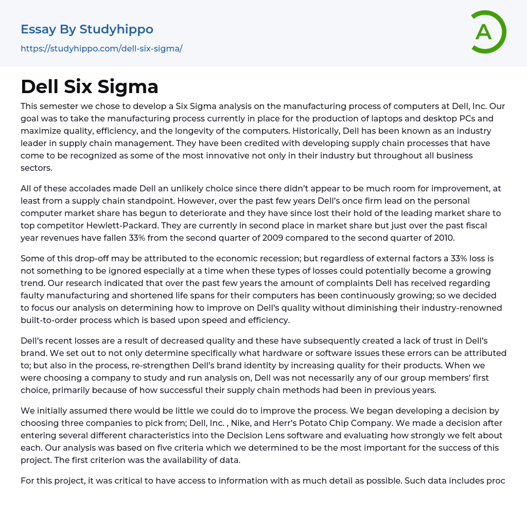 Dell Six Sigma Essay Example