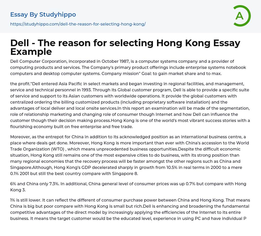 Dell – The reason for selecting Hong Kong Essay Example