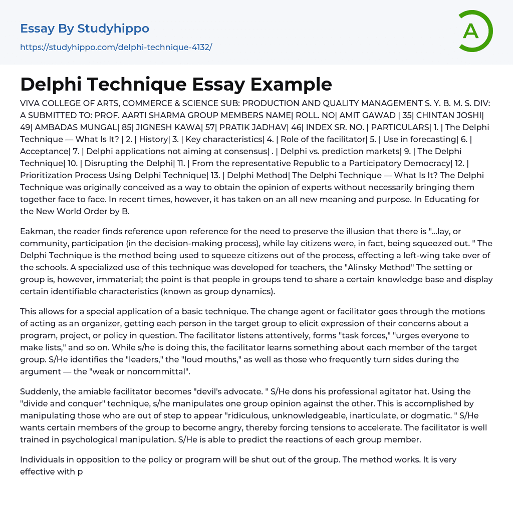 Delphi Technique Essay Example
