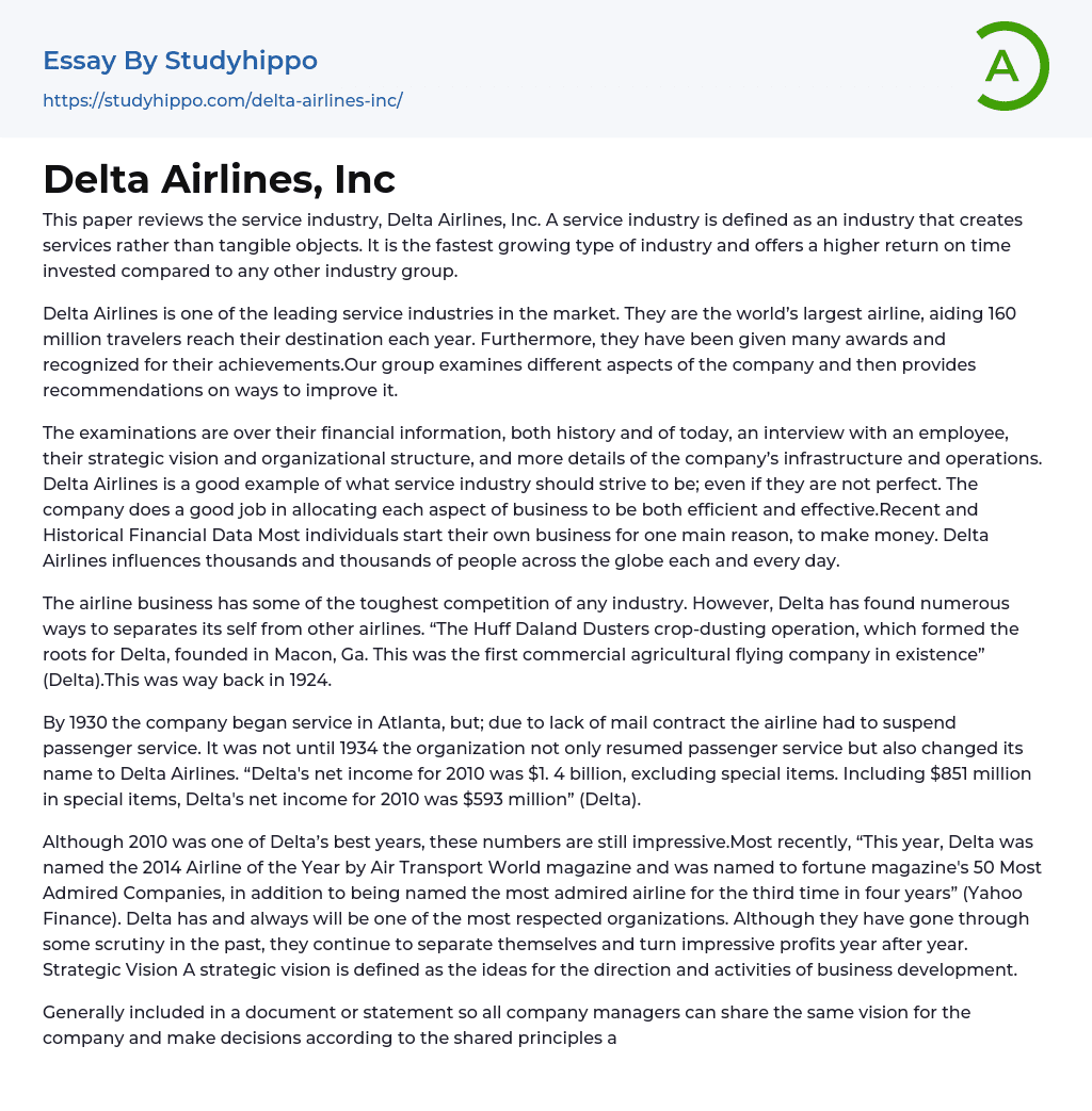 Delta Airlines, Inc Essay Example