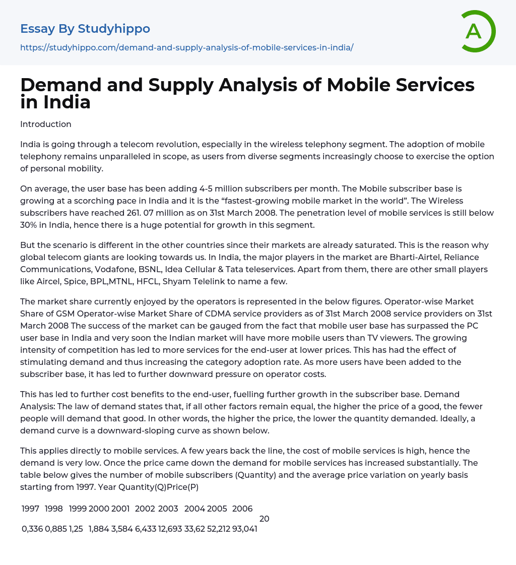 Demand and Supply Analysis of Mobile Services in India Essay Example