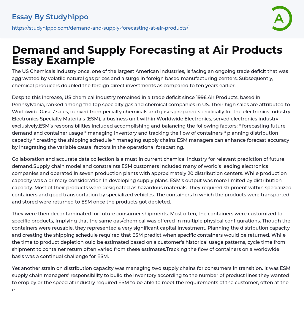 Demand and Supply Forecasting at Air Products Essay Example