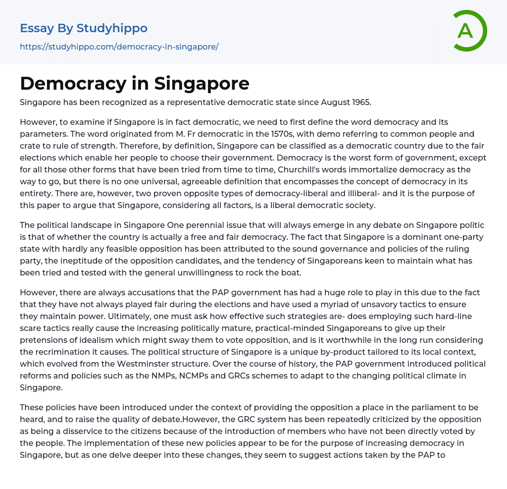 Democracy in Singapore Essay Example