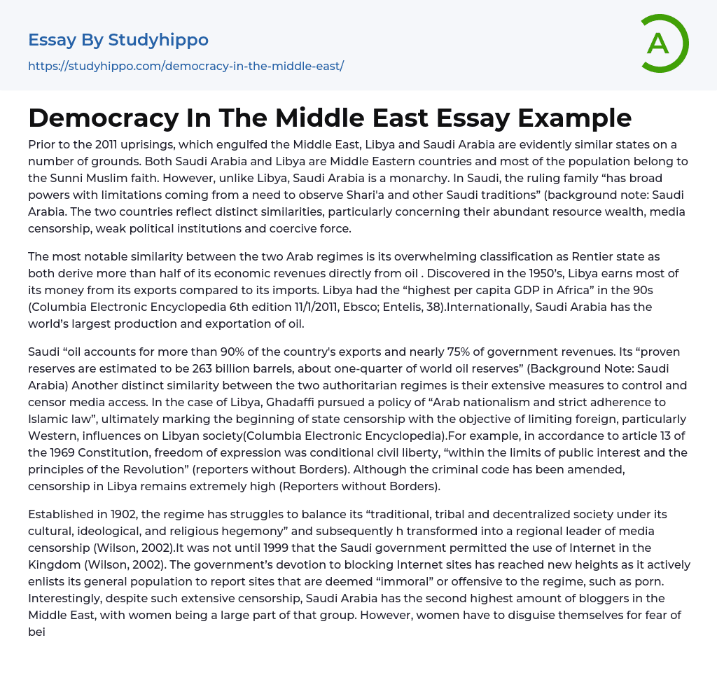 Democracy In The Middle East Essay Example