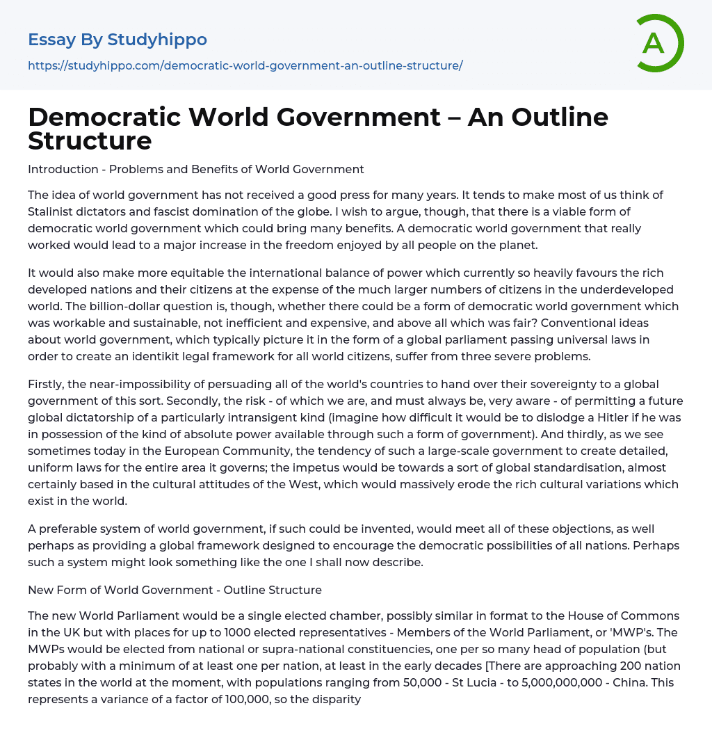 Democratic World Government – An Outline Structure Essay Example