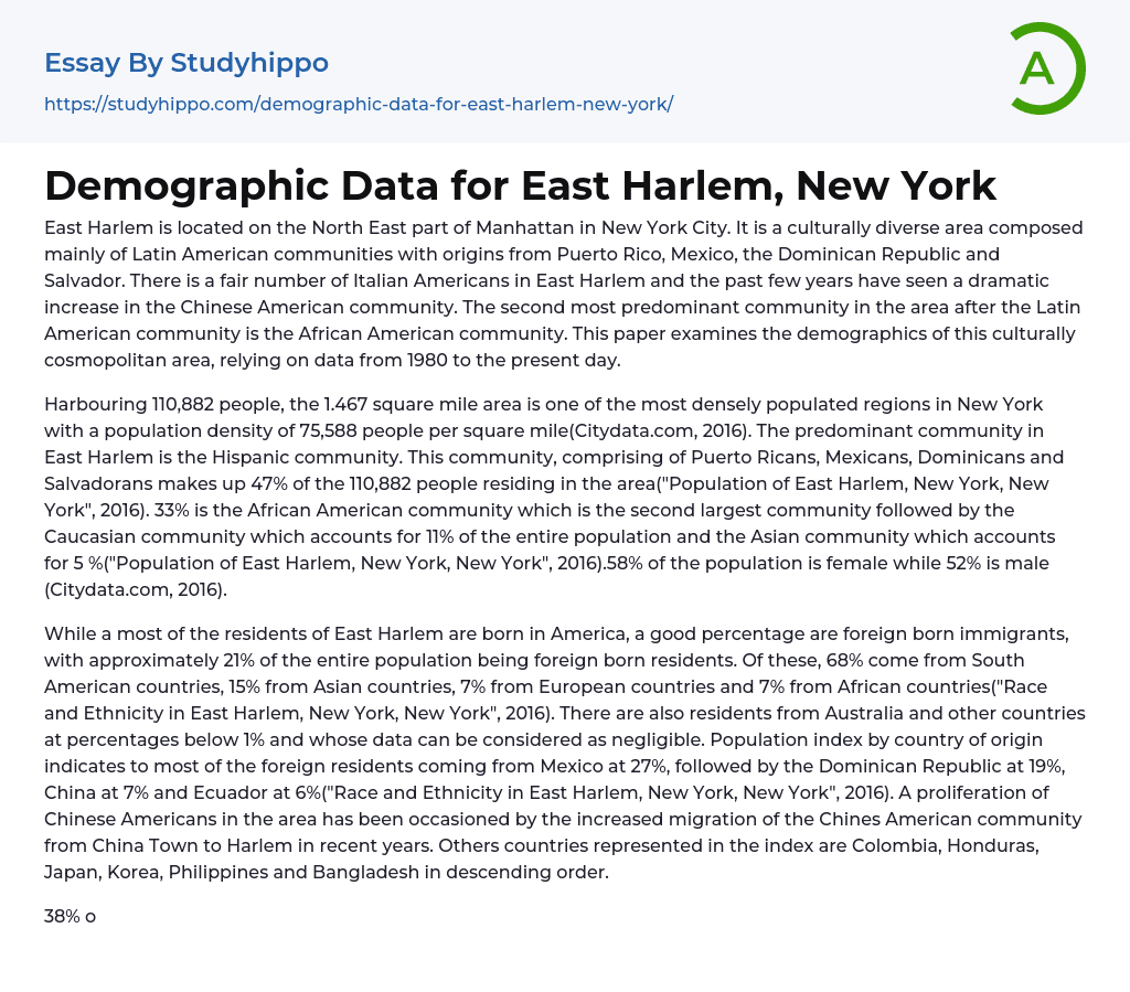 Demographic Data for East Harlem, New York Essay Example