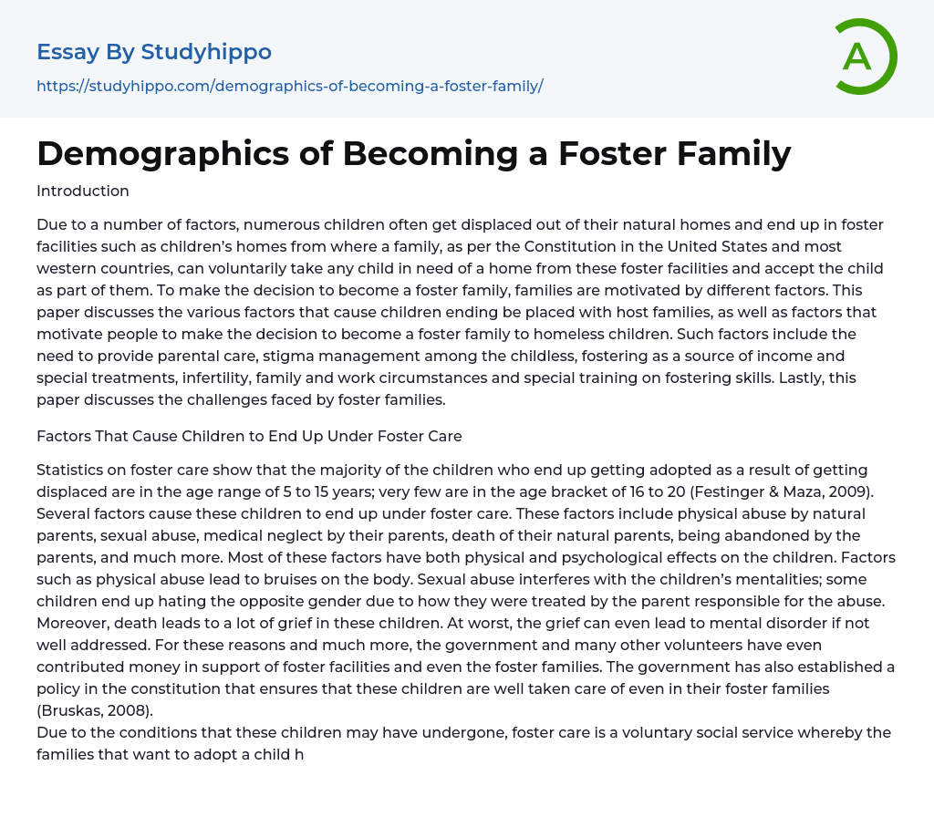 Demographics of Becoming a Foster Family Essay Example
