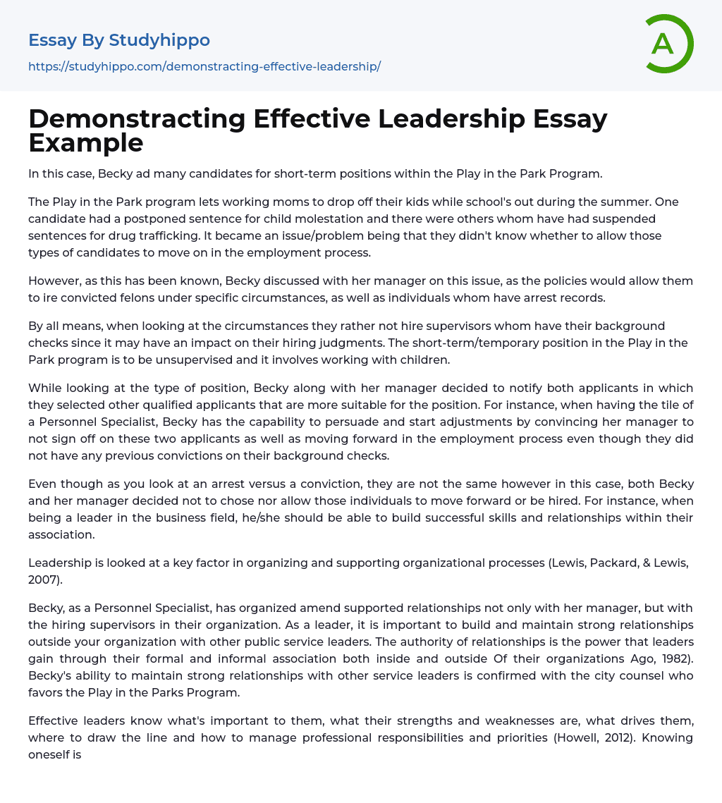 Demonstracting Effective Leadership Essay Example