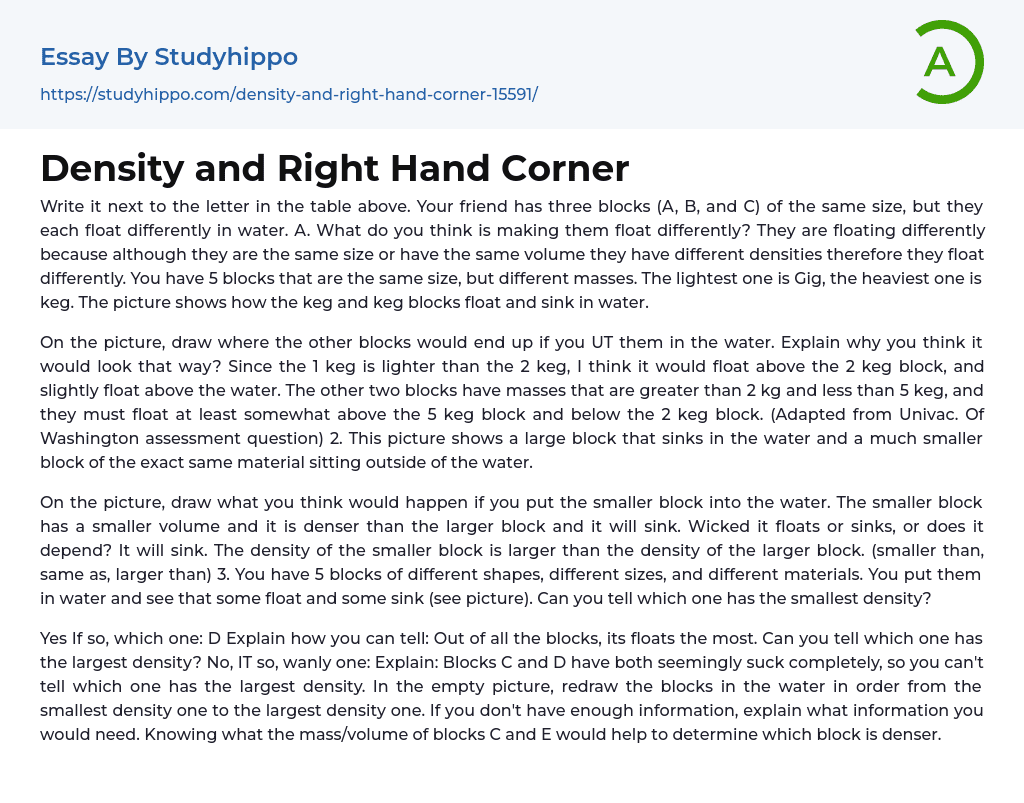 Density and Right Hand Corner Essay Example