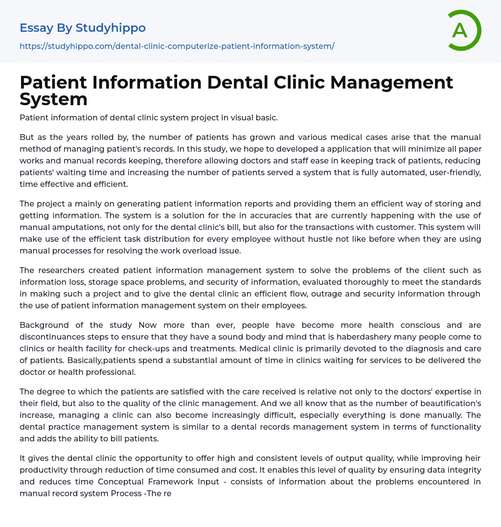 Patient Information Dental Clinic Management System Essay Example