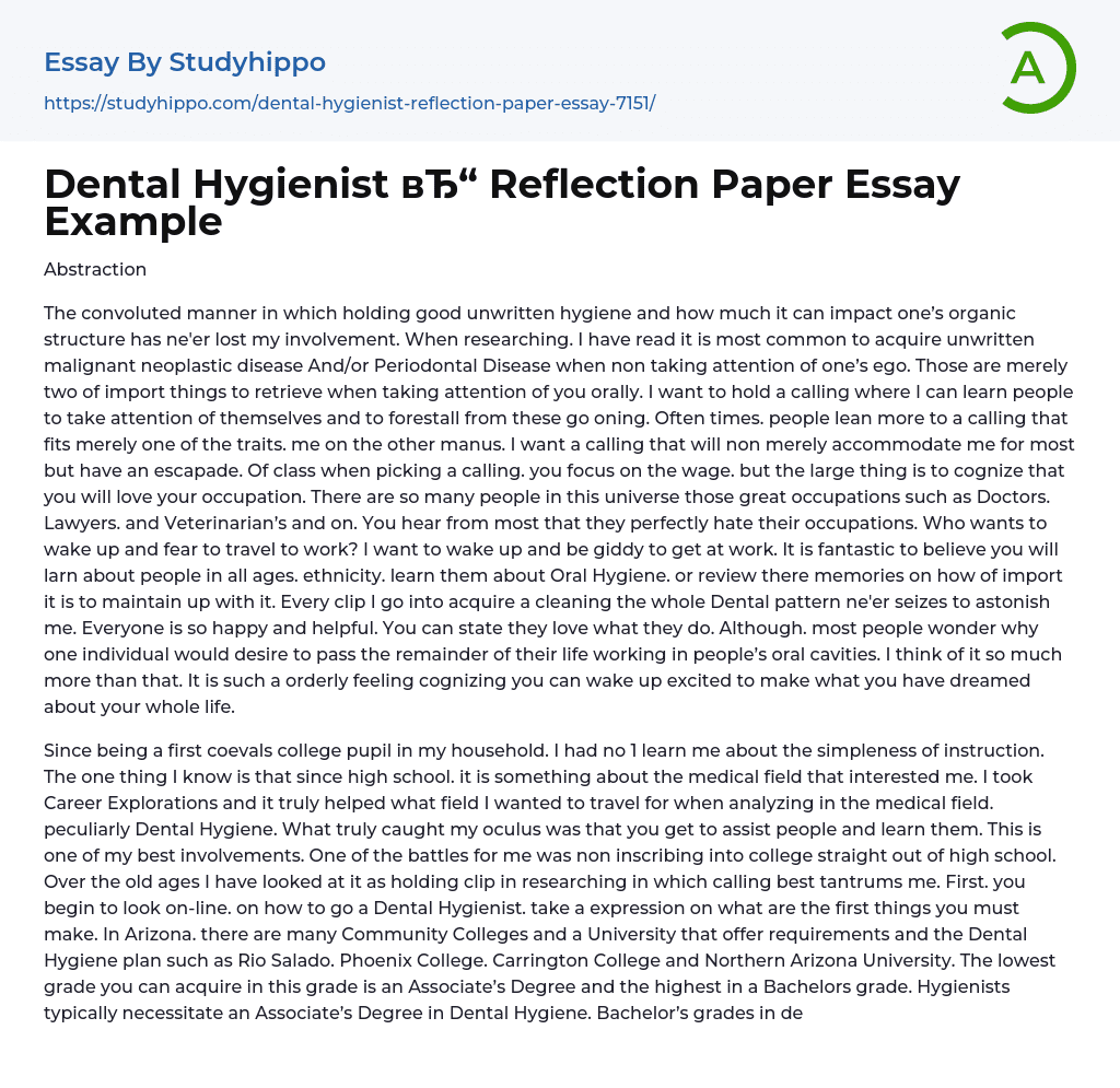 Dental Hygienist Reflection Paper Essay Example
