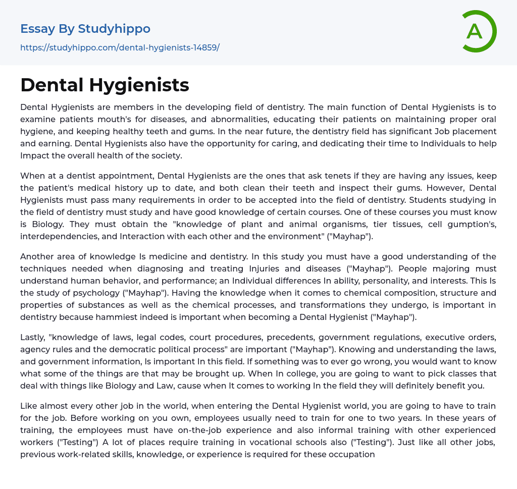 Dental Hygienists Essay Example