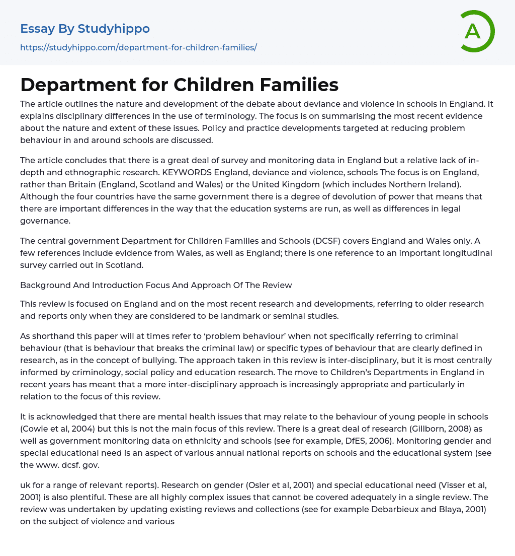 Department for Children Families Essay Example
