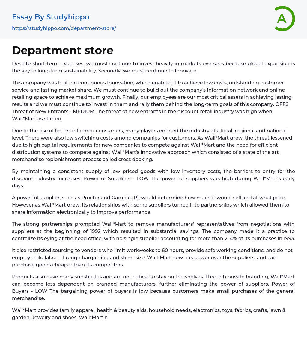 Department store Essay Example