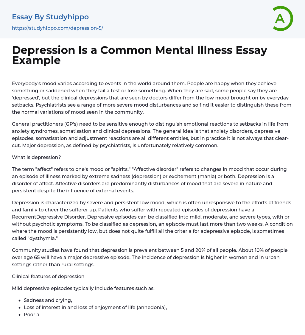Depression Is a Common Mental Illness Essay Example