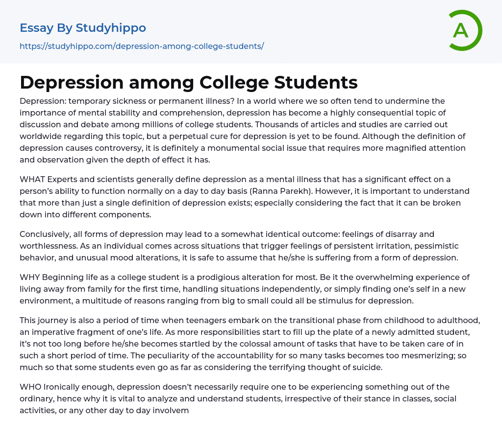 Depression among College Students Essay Example