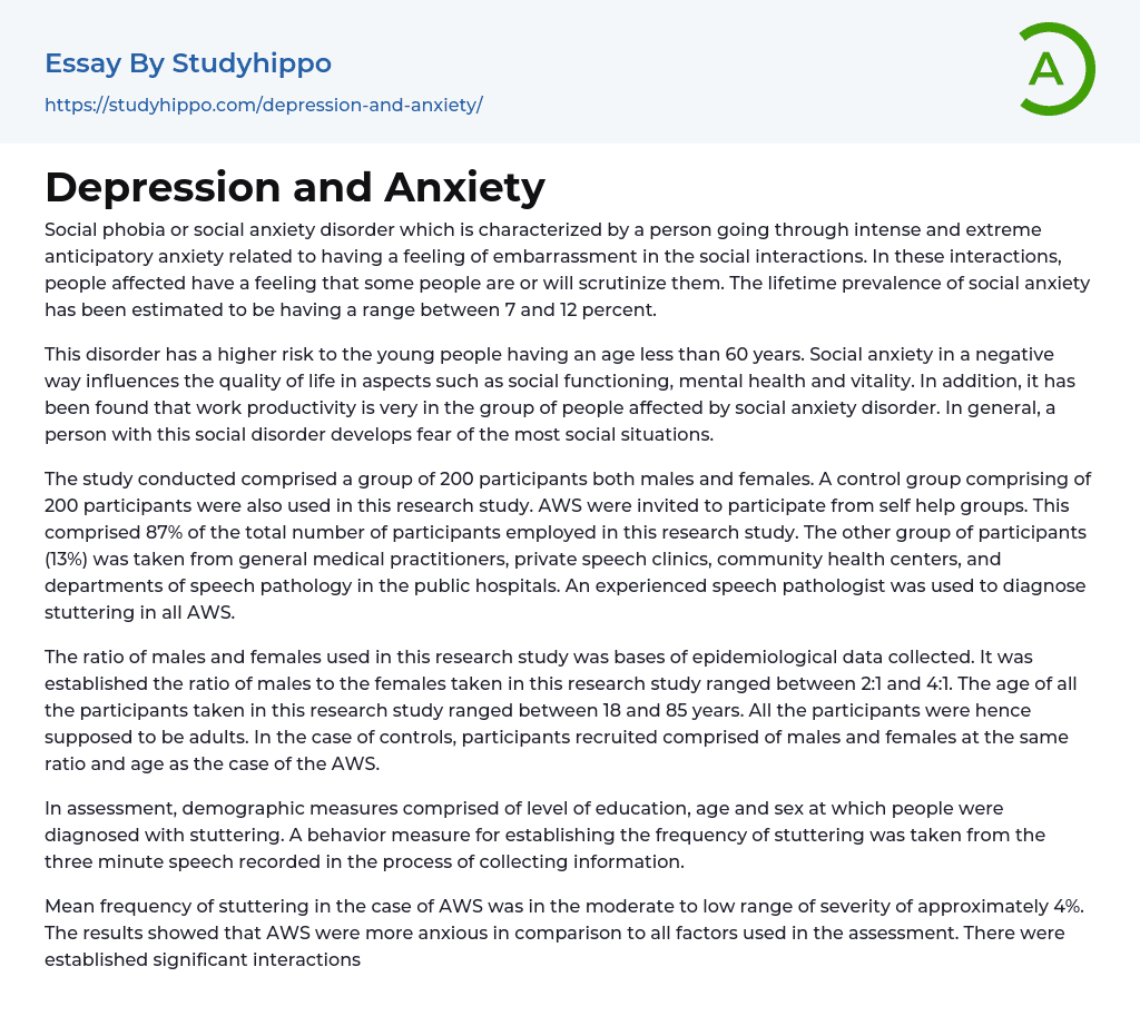 Depression and Anxiety Essay Example
