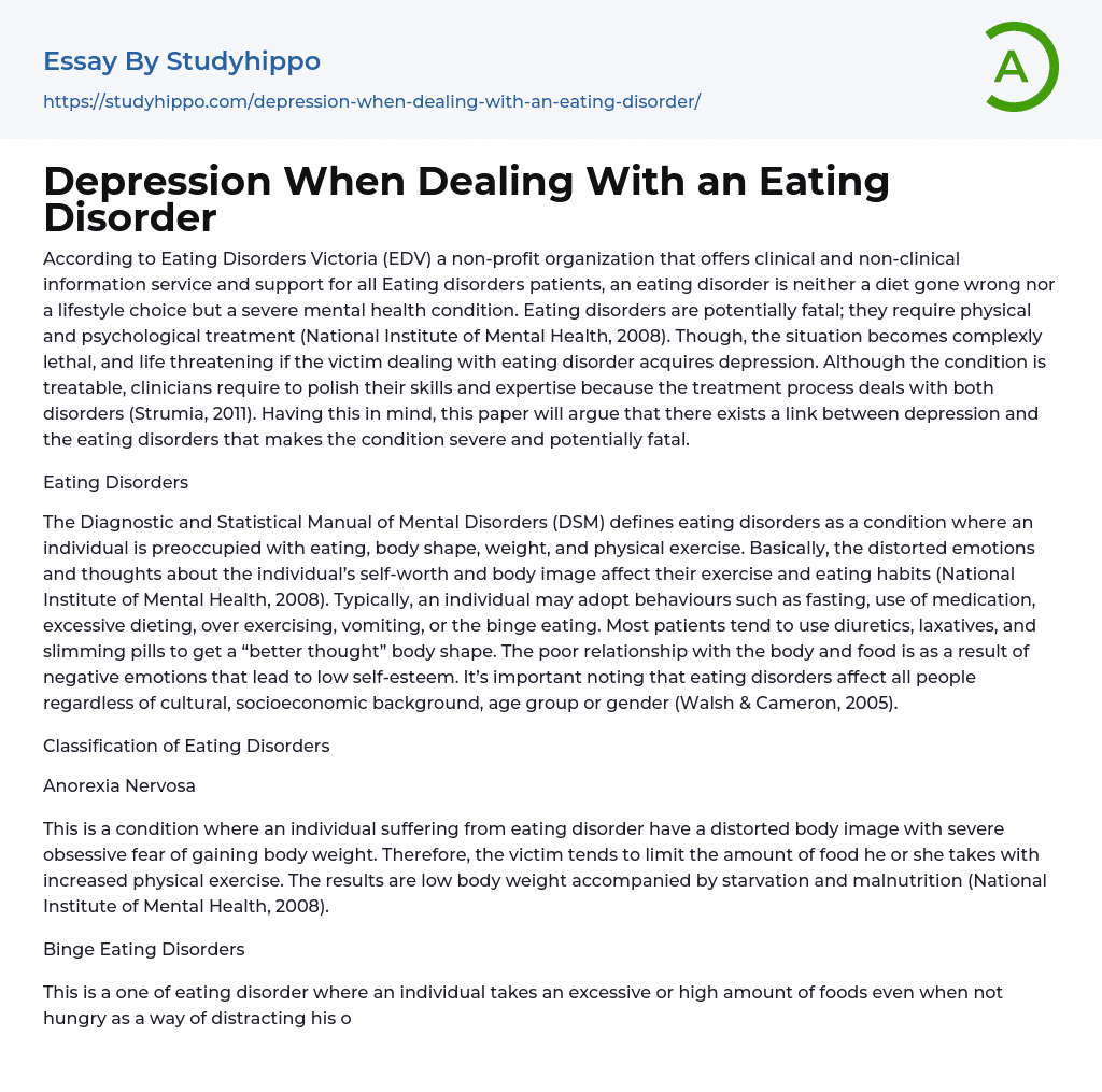 Depression When Dealing With an Eating Disorder Essay Example