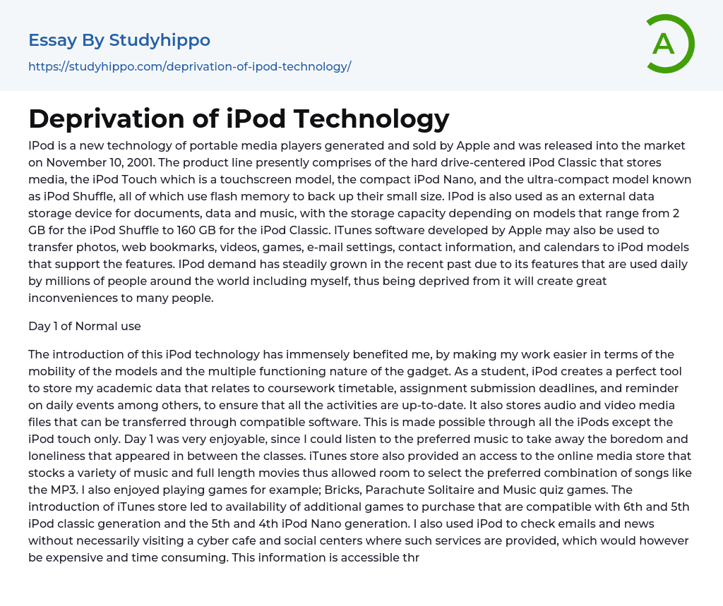 Deprivation of iPod Technology Essay Example