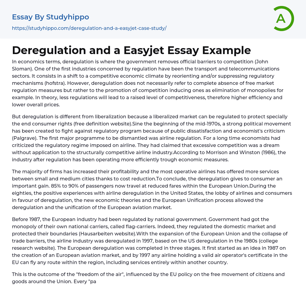 Deregulation and a Easyjet Essay Example