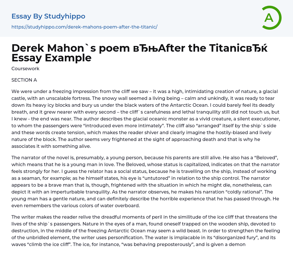 Derek Mahon`s poem “After the Titanic” Essay Example