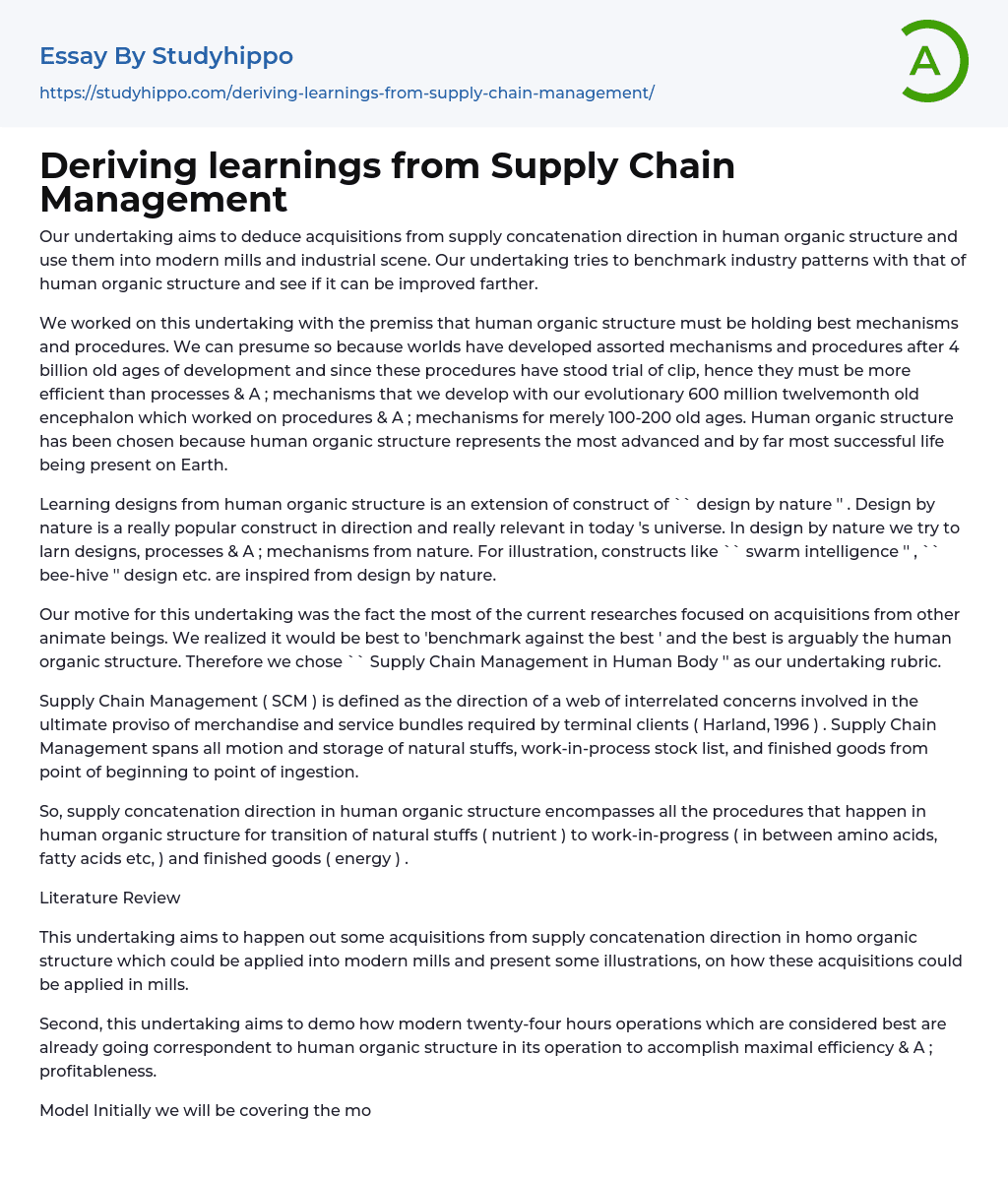 Deriving learnings from Supply Chain Management Essay Example