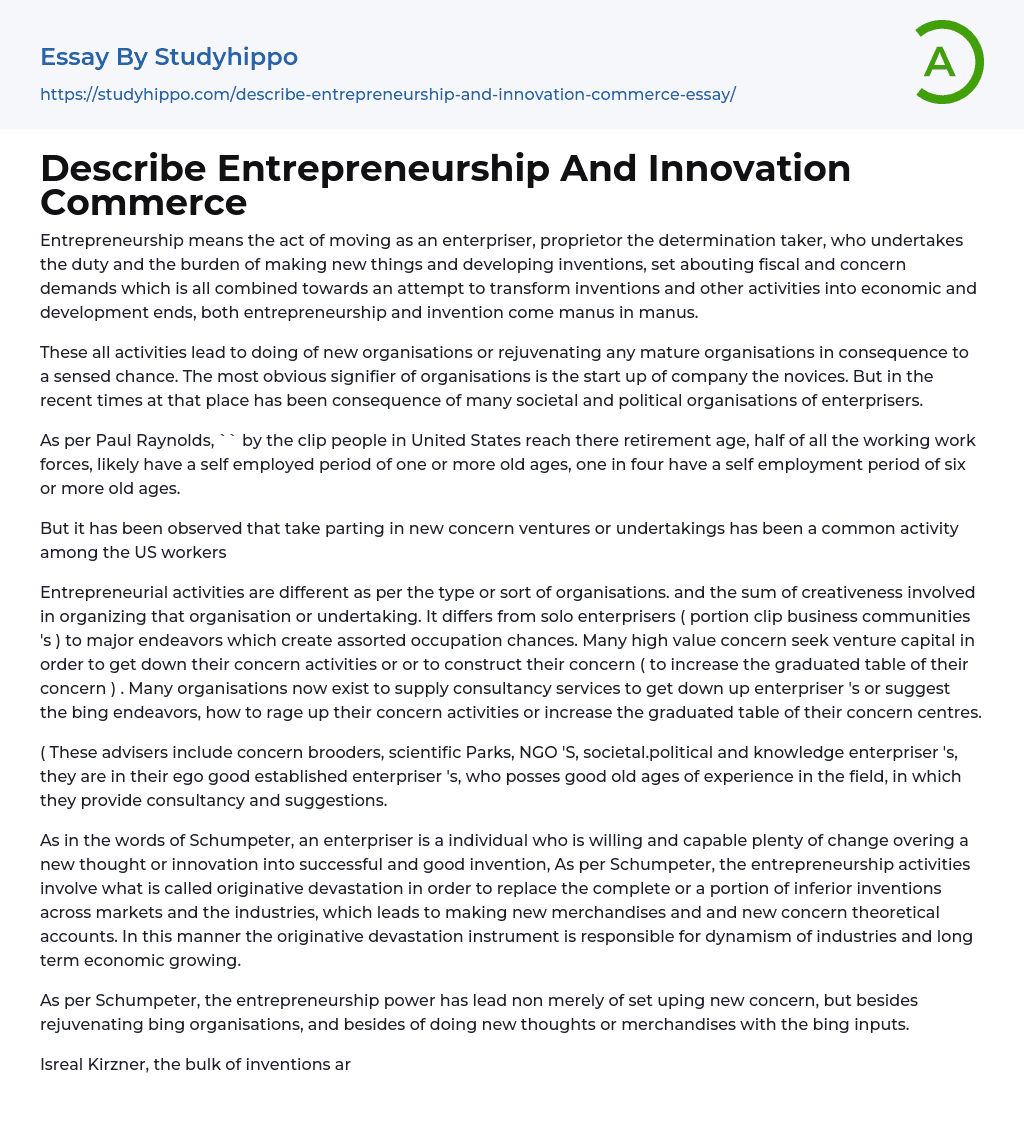 Describe Entrepreneurship And Innovation Commerce Essay Example