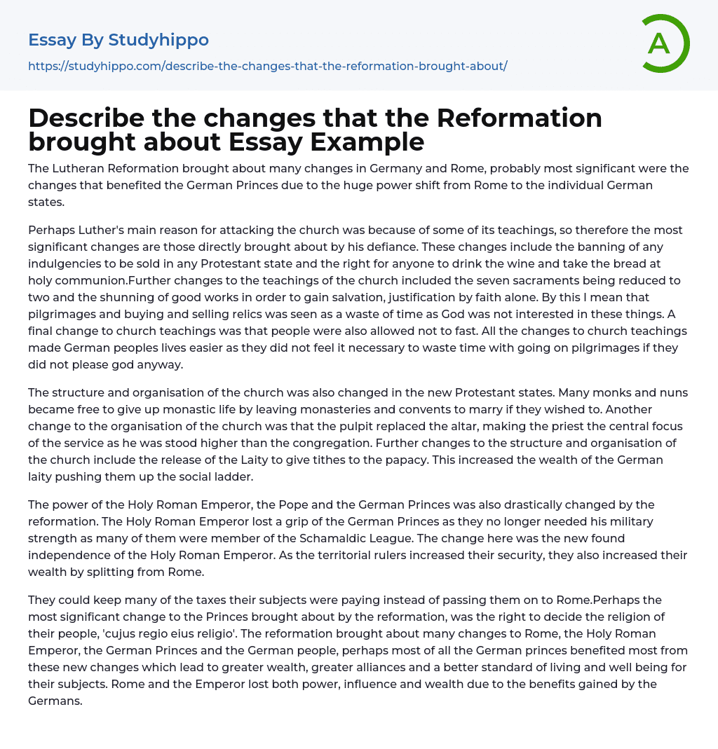Describe the changes that the Reformation brought about Essay Example