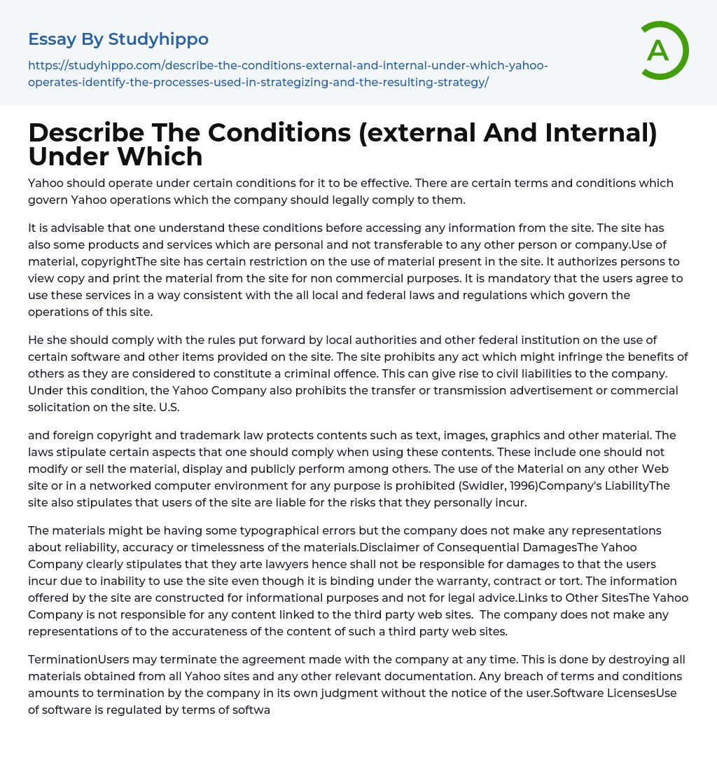 Describe The Conditions (external And Internal) Under Which Essay Example