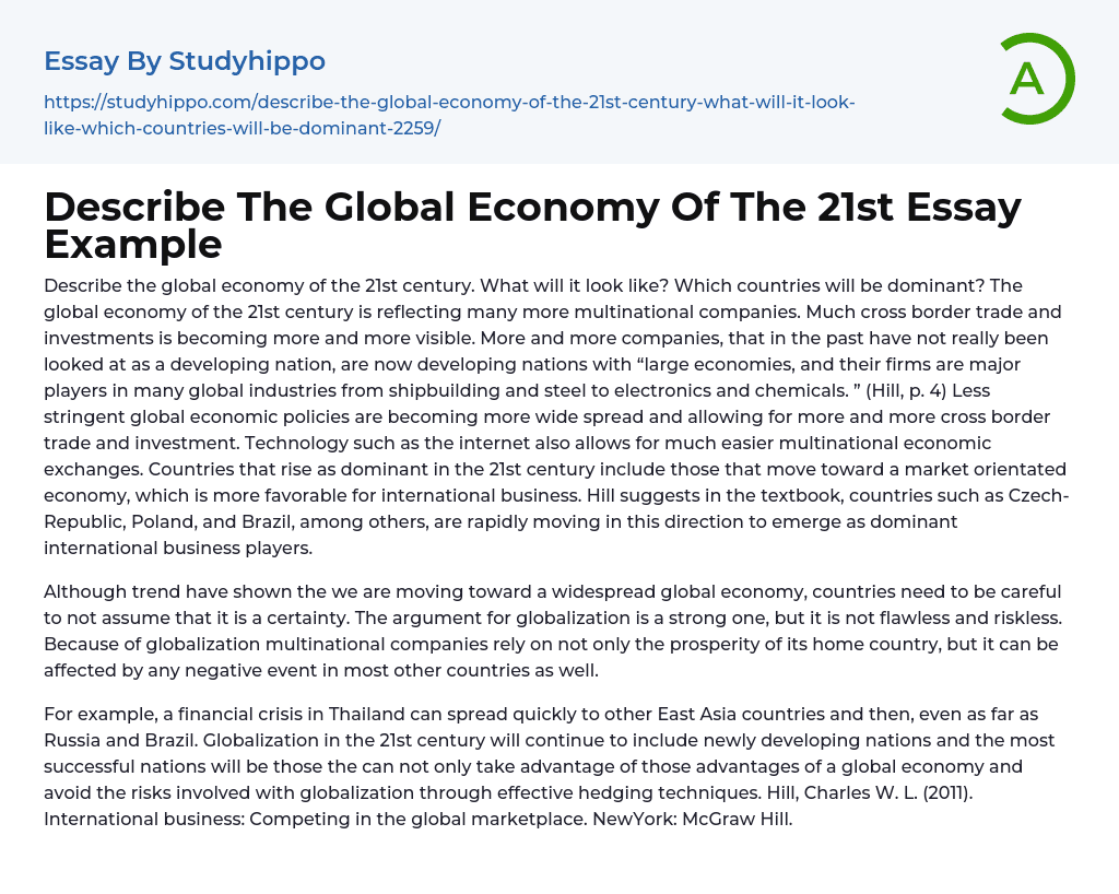 Describe The Global Economy Of The 21st Essay Example