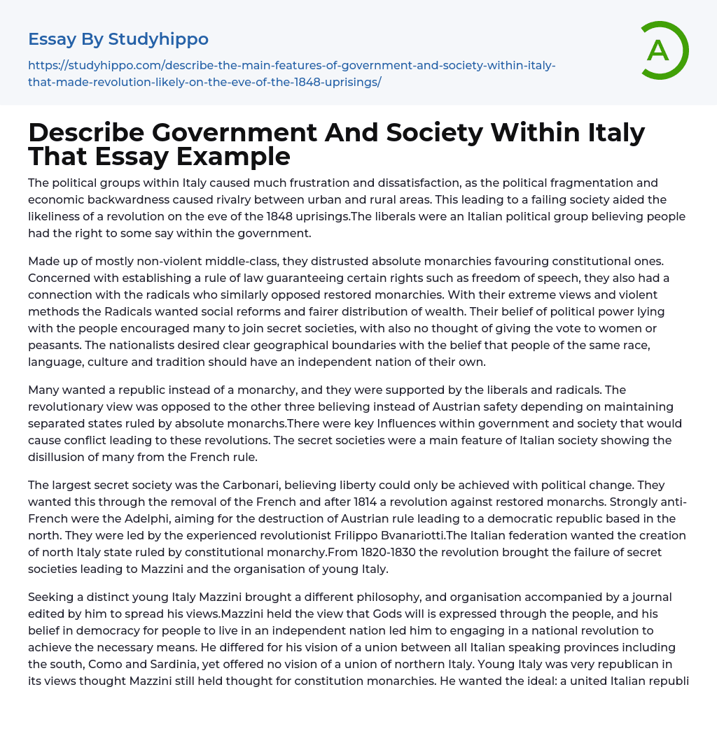Describe Government And Society Within Italy That Essay Example