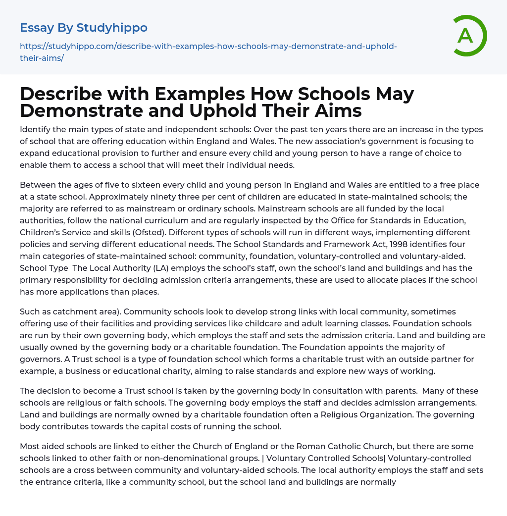 Describe with Examples How Schools May Demonstrate and Uphold Their Aims Essay Example