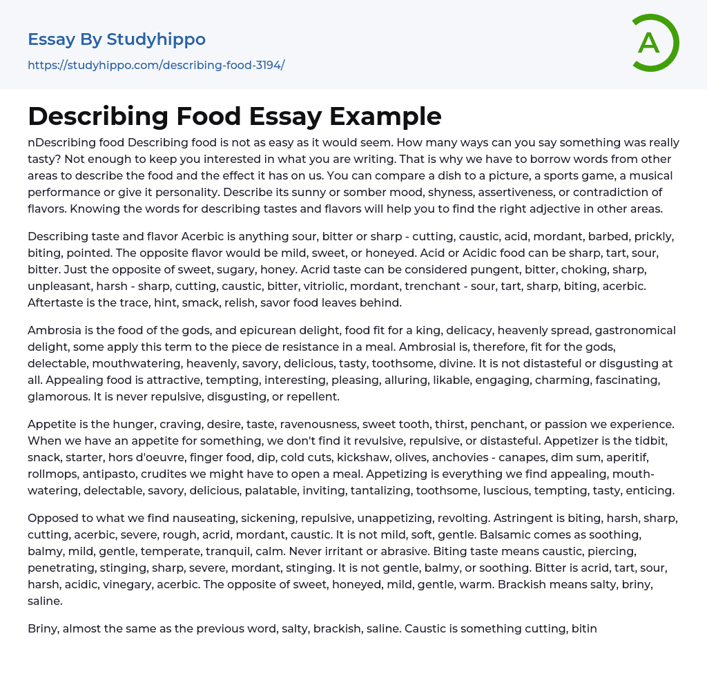 Describing Food Essay Example