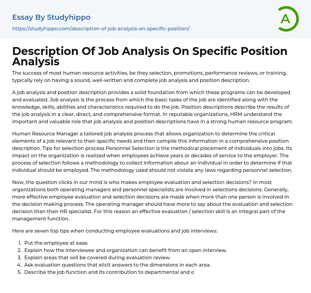 Description Of Job Analysis On Specific Position Analysis Essay Example