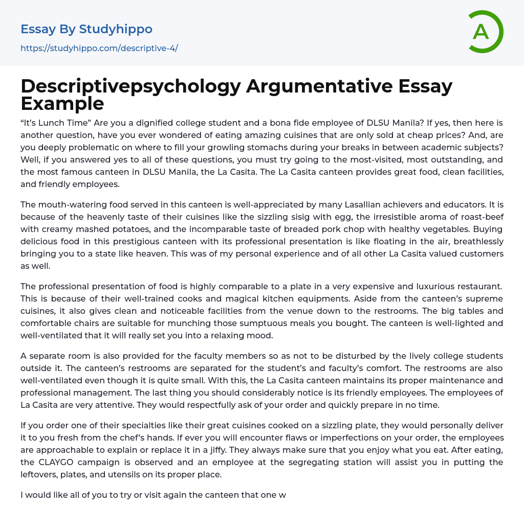 Descriptivepsychology Argumentative Essay Example