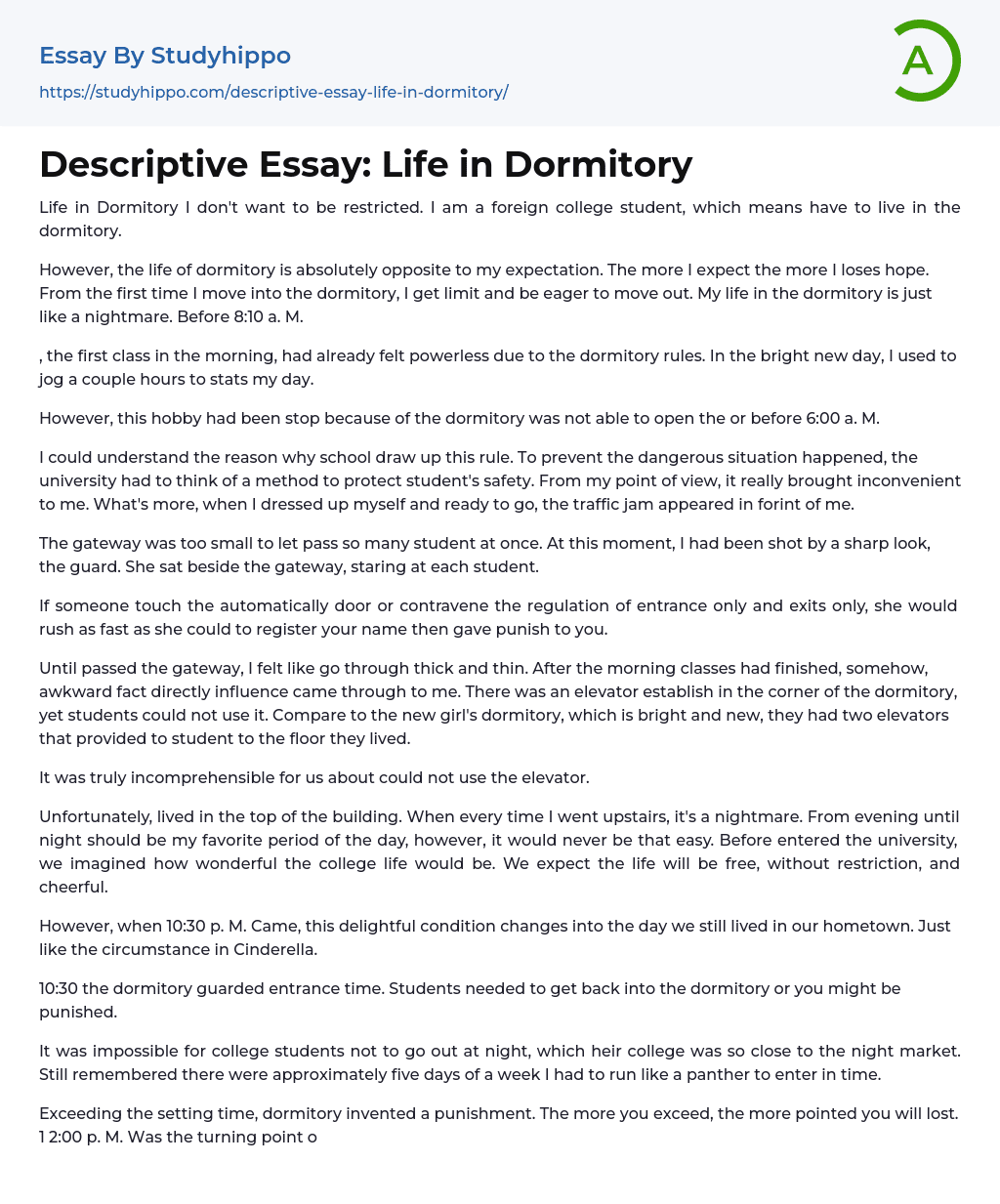 Descriptive Essay: Life in Dormitory