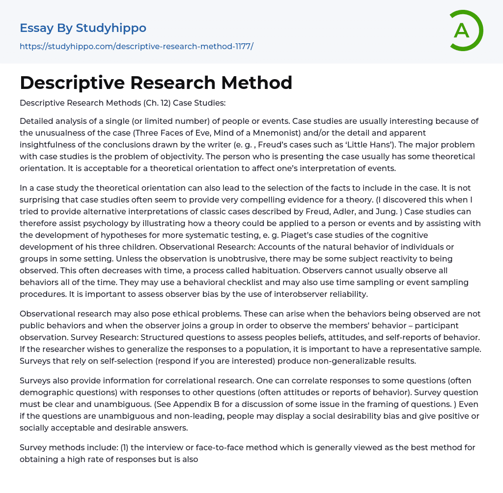 Descriptive Research Method Essay Example