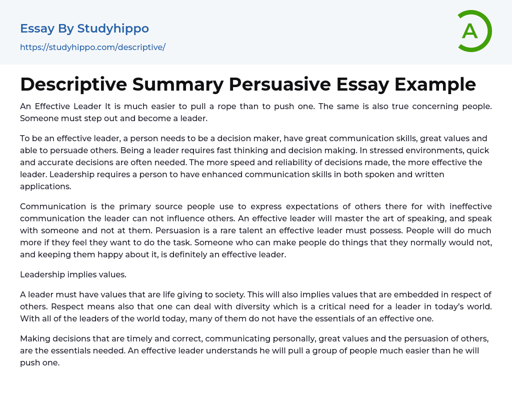 Descriptive Summary Persuasive Essay Example