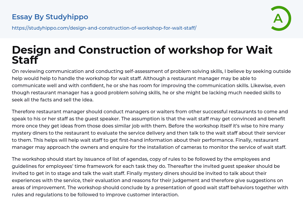 Design and Construction of workshop for Wait Staff Essay Example