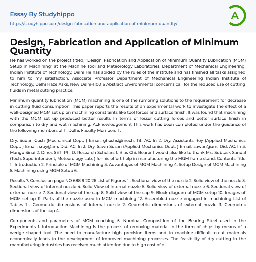 Design, Fabrication and Application of Minimum Quantity Essay Example