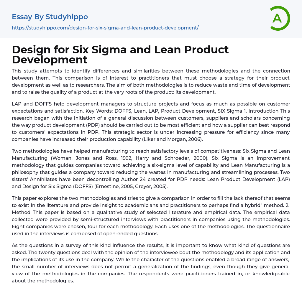 Design for Six Sigma and Lean Product Development Essay Example