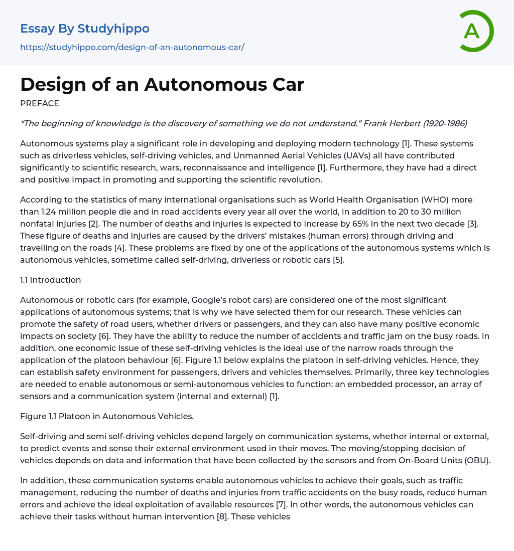 Design of an Autonomous Car Essay Example