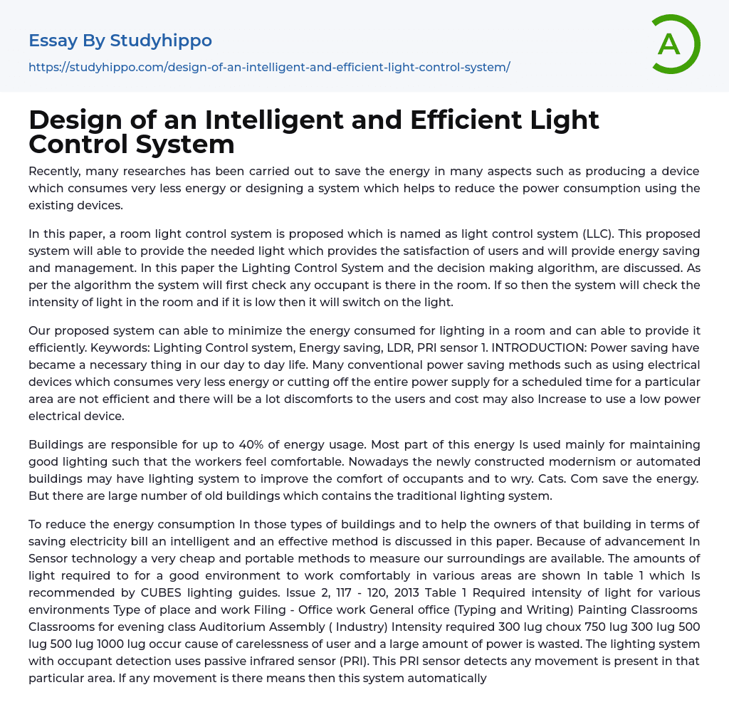 Design of an Intelligent and Efficient Light Control System Essay Example