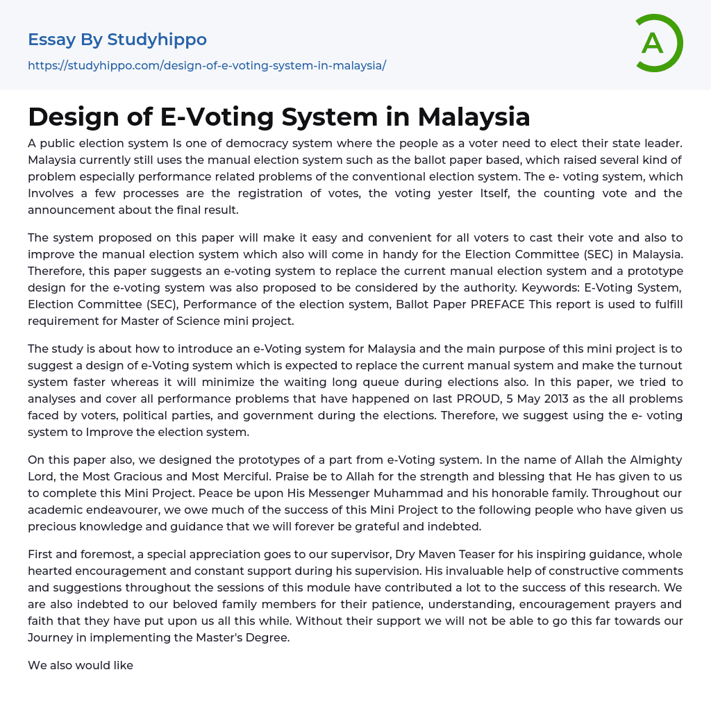 Design of E-Voting System in Malaysia Essay Example
