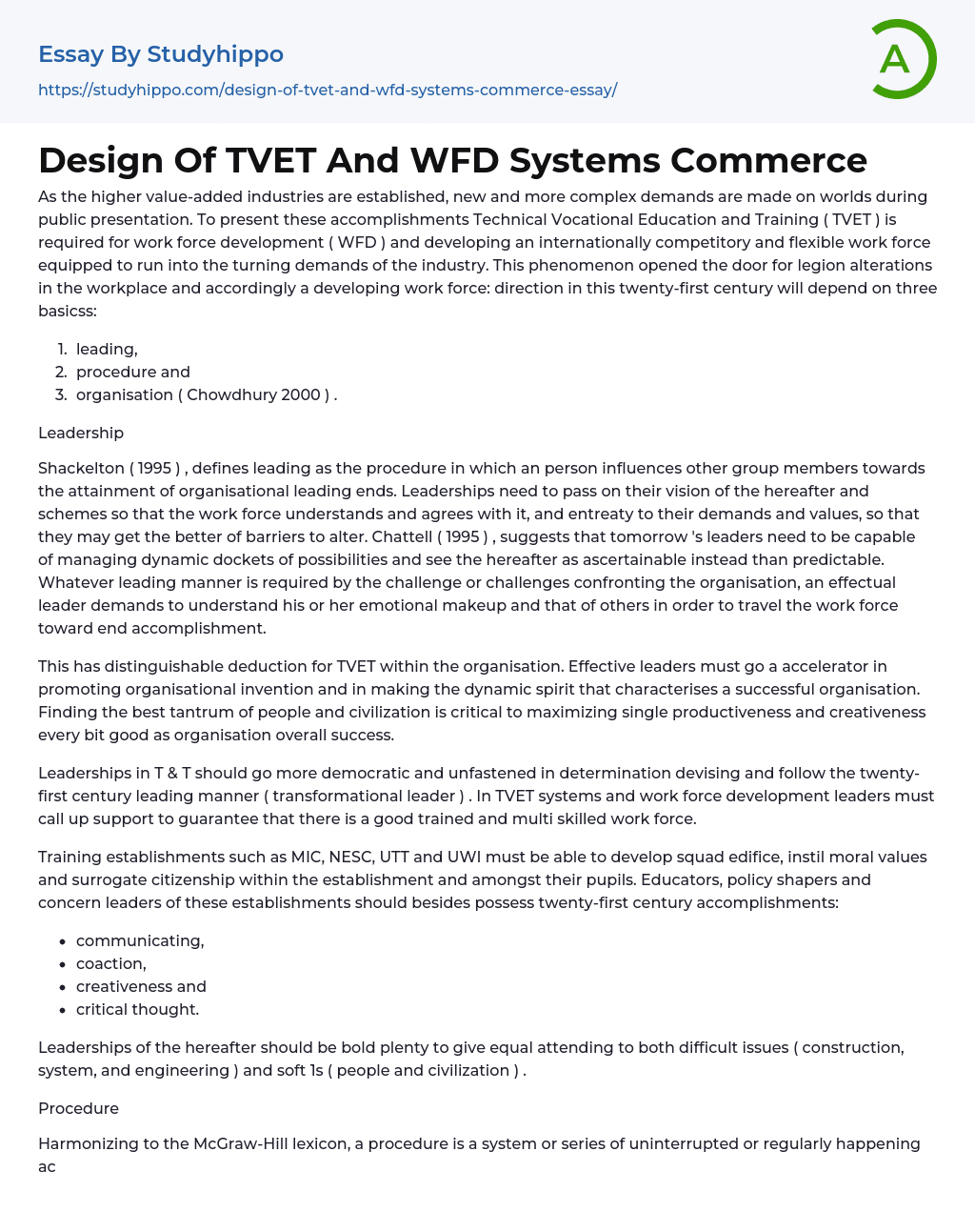 Design Of TVET And WFD Systems Commerce Essay Example