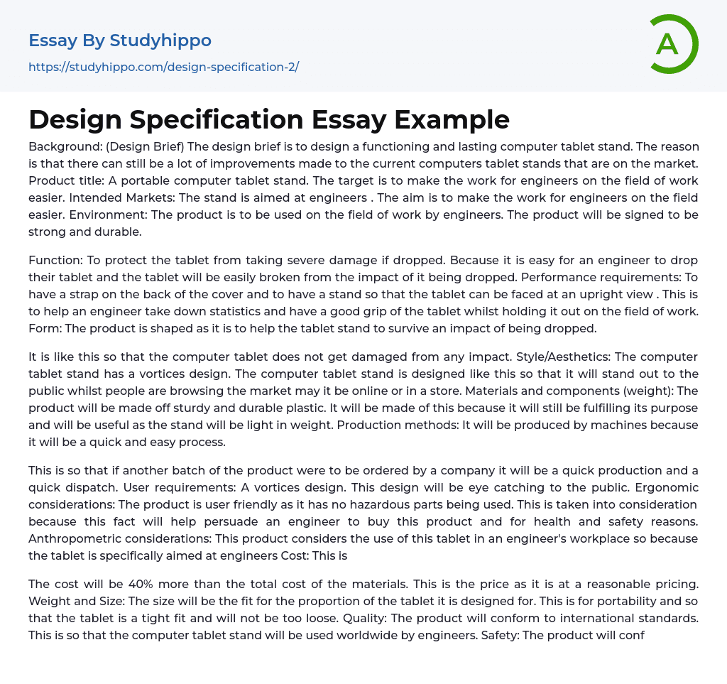 Design Specification Essay Example
